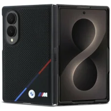 Samsung Galaxy Z Fold8 čierne BMW M puzdro z perforovanej kože s trikolórovými pruhmi a kovovým logom MagSafe