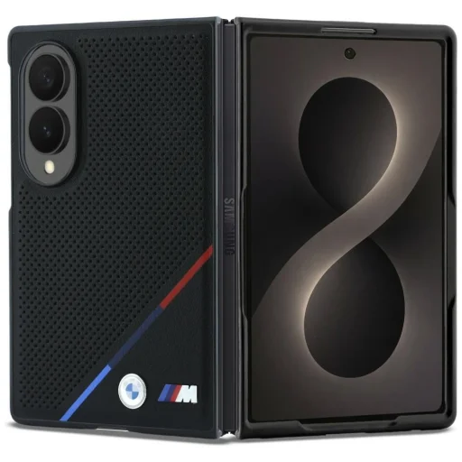 Samsung Galaxy Z Fold8 čierne BMW M puzdro z perforovanej kože s trikolórovými pruhmi a kovovým logom MagSafe - 1