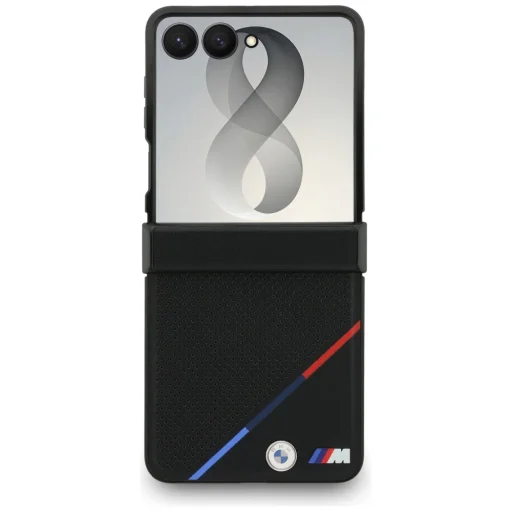 Samsung Galaxy Z Flip8 čierne BMW M perforované kožené puzdro s trojfarebným pruhom a kovovým logom MagSafe - 2