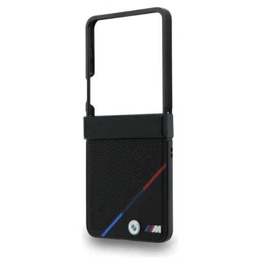 Samsung Galaxy Z Flip8 čierne BMW M perforované kožené puzdro s trojfarebným pruhom a kovovým logom MagSafe - 5