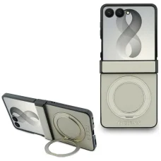 Samsung Galaxy Z Flip8 béžové puzdro Guess Magnetic Ring Stand Grained Classic Logo MagSafe