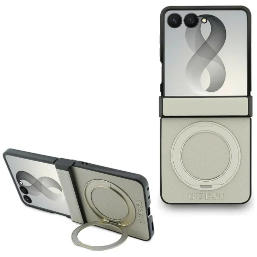 Samsung Galaxy Z Flip8 béžové puzdro Guess Magnetic Ring Stand Grained Classic Logo MagSafe - 1