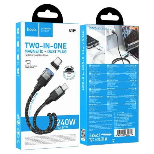 Hoco U159 magnetický USB-C – USB-C kábel QC3.0 PD, 5 A, 240 W, 1,2 m, čierny - 10