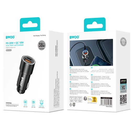 BWOO BO-CC73 PD autonabíjačka s USB-C a USB-A portom, 38 W, strieborná - 6