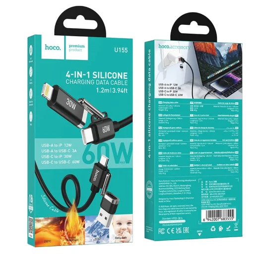 Hoco U155 4 v 1 USB-A/USB-C – USB-C/Lightning kábel 3 A 60 W 1,2 m čierny - 8