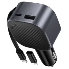 Hoco Z68 autonabíjačka USB-A a USB-C PD QC3.0 45 W s vyťahovacím USB-C káblom, čierna