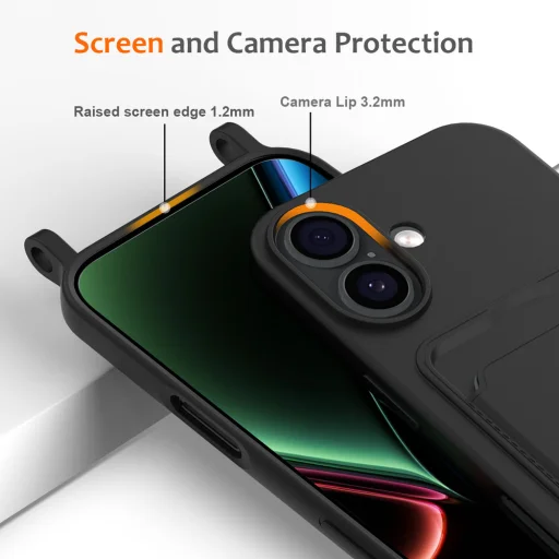 iPhone 17 TPU puzdro s držiakom na karty a nastaviteľným krížovým popruhom – čierne - 5