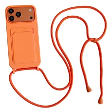 Silikónové puzdro pre iPhone 17 Pro / 18 Pro s držiakom na karty a nastaviteľným popruhom na rameno – oranžové