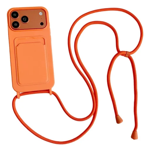 Silikónové puzdro pre iPhone 17 Pro / 18 Pro s držiakom na karty a nastaviteľným popruhom na rameno – oranžové - 1