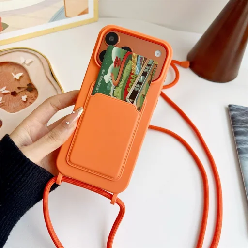 Silikónové puzdro pre iPhone 17 Pro / 18 Pro s držiakom na karty a nastaviteľným popruhom na rameno – oranžové - 2