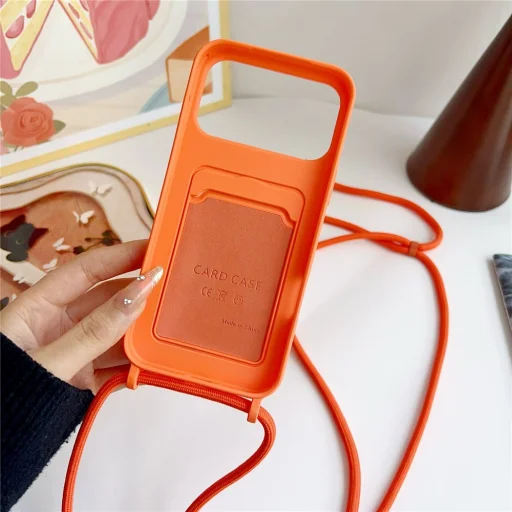 Silikónové puzdro pre iPhone 17 Pro / 18 Pro s držiakom na karty a nastaviteľným popruhom na rameno – oranžové - 3