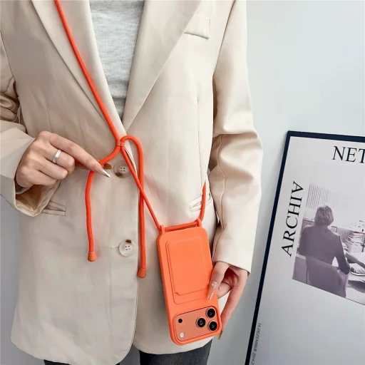 Silikónové puzdro pre iPhone 17 Pro / 18 Pro s držiakom na karty a nastaviteľným popruhom na rameno – oranžové - 5
