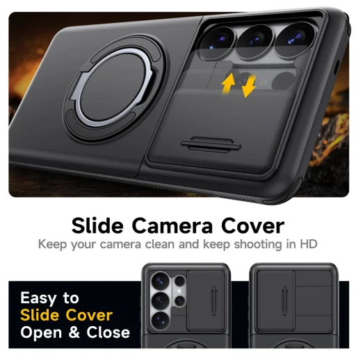 Samsung Galaxy S26 Ultra magnetické puzdro s 360° otočným kovovým krúžkom a krytom fotoaparátu, čierne - 6