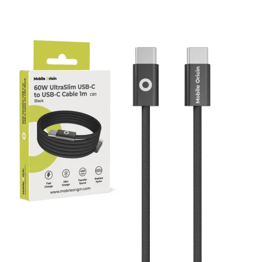 Mobile Origin CB11 ultratenký kábel USB-C – USB-C, 60 W, 1 m, čierny - 1