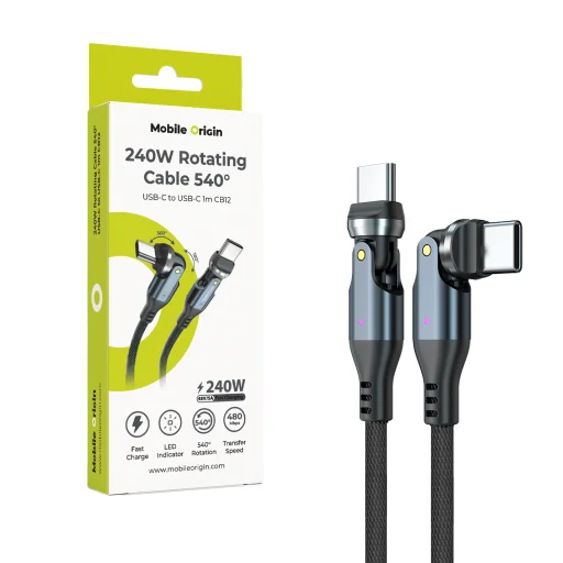 Mobile Origin CB12 240 W 540° otočný USB-C – USB-C kábel, 1 m, čierny - 1