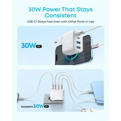 Anker Zolo 50 W sieťová nabíjačka s 2× USB-A a 2× USB-C konektormi, biela A121EG21 - 3