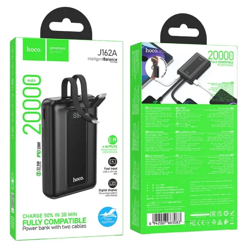 Powerbanka 20000 mAh QC PD 22,5W so zabudovanými káblami USB C + Lightning Hoco J162A čierna - 9