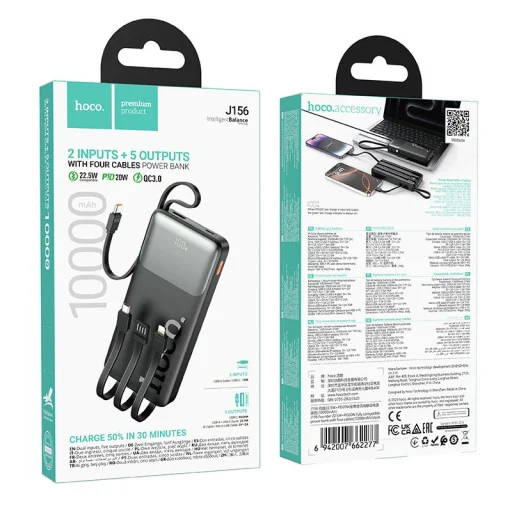 Hoco J156 Founder 10000 mAh powerbanka so zabudovanými káblami, čierna - 9