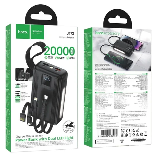 Hoco J173 Jingyao 20000 mAh 22,5 W externá batéria so vstavanými káblami, čierna powerbanka - 8