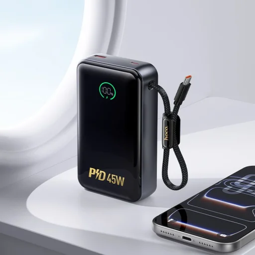 Hoco Q54 Shine 20000 mAh 45W PD/QC externá batéria so zabudovaným USB-C káblom, metalická sivá powerbanka - 6