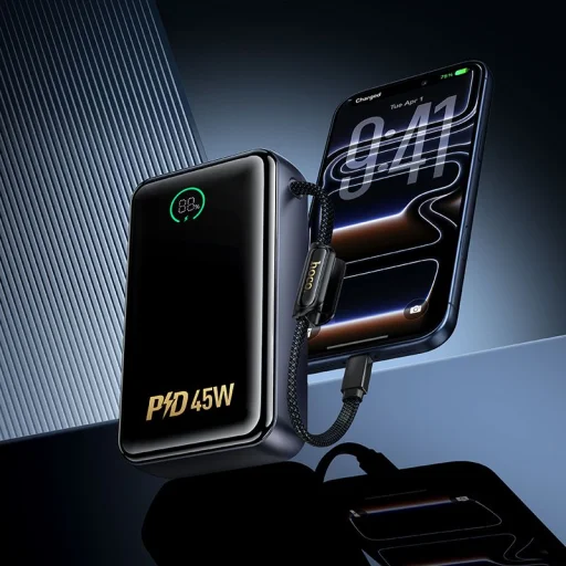 Hoco Q54 Shine 20000 mAh 45W PD/QC externá batéria so zabudovaným USB-C káblom, metalická sivá powerbanka - 7