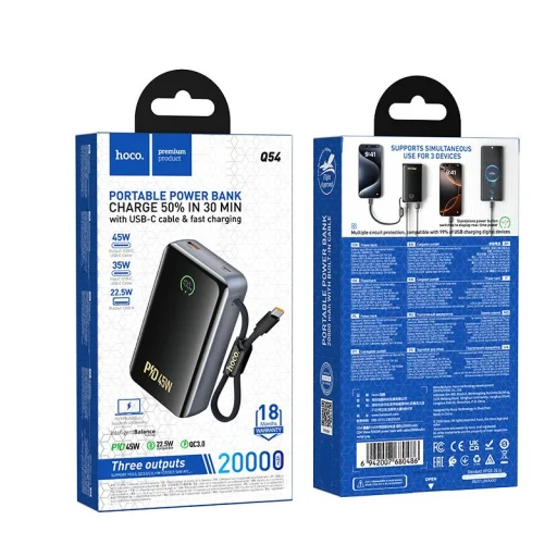 Hoco Q54 Shine 20000 mAh 45W PD/QC externá batéria so zabudovaným USB-C káblom, metalická sivá powerbanka - 8