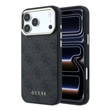 iPhone 18 Pro čierne koženkové puzdro Guess 4G Gold Frame MagSafe