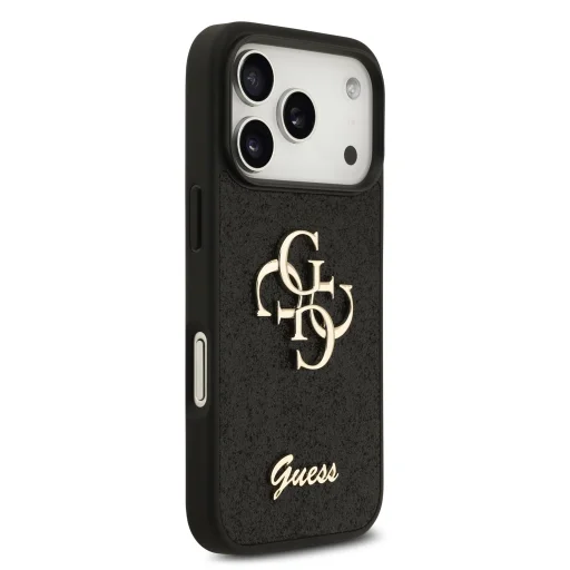  iPhone 18 Pro fekete Guess PU merev tok csillámos 4G fém logóval - 4