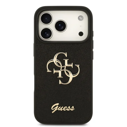 Čierny pevný kryt Guess PU pre iPhone 18 Pro s trblietkami a kovovým logom 4G - 3