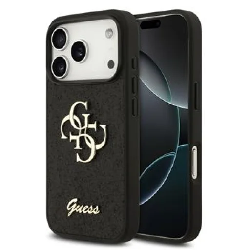 Čierny pevný kryt Guess PU pre iPhone 18 Pro s trblietkami a kovovým logom 4G - 1