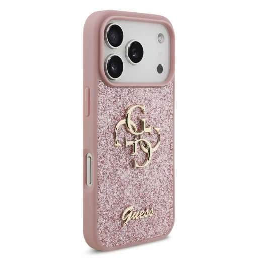  iPhone 18 Pro rózsaszín Guess PU Fixed Glitter 4G Metal Logo tok - 4