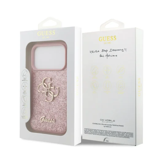  iPhone 18 Pro rózsaszín Guess PU Fixed Glitter 4G Metal Logo tok - 7