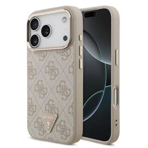 Apple iPhone 18 Pro ružové Guess puzdro s PU efektom kože, 4G štrasovým trojuholníkovým logom a zlatým rámom, MagSafe - 1