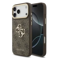  iPhone 18 Pro Max Barna Guess 4G fém logós műbőr tok arany kerettel