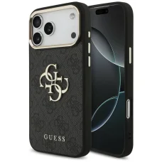 Apple iPhone 18 Pro Max čierne Guess 4G puzdro z umelej kože s kovovým logom a zlatým rámom