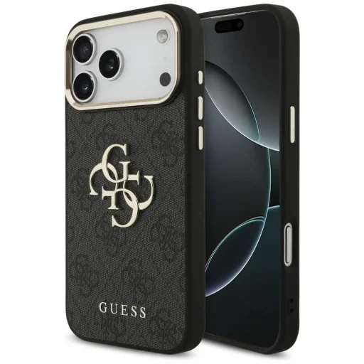 Apple iPhone 18 Pro Max čierne Guess 4G puzdro z umelej kože s kovovým logom a zlatým rámom - 1