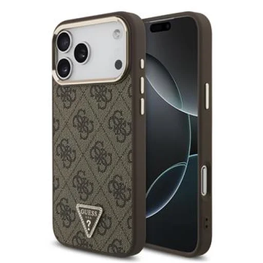  iPhone 18 Pro Max barna Guess 4G PU műbőr MagSafe tok strasszos háromszög logóval - 1
