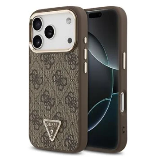 Apple iPhone 18 Pro hnedé Guess 4G puzdro so štrasovým trojuholníkovým logom a zlatým rámom, MagSafe, PU koženka - 1