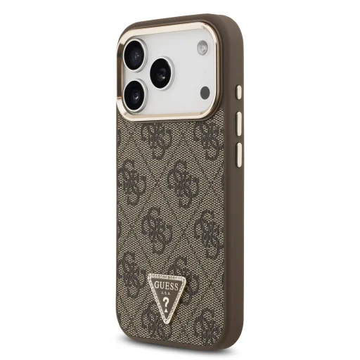 Apple iPhone 18 Pro hnedé Guess 4G puzdro so štrasovým trojuholníkovým logom a zlatým rámom, MagSafe, PU koženka - 2