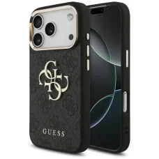 iPhone 18 Pro čierne Guess PU kožené puzdro so 4G kovovým logom a zlatým rámom