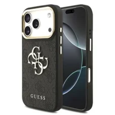  iPhone 18 Pro fekete Guess PU bőr tok 4G fém logóval és arany kerettel
