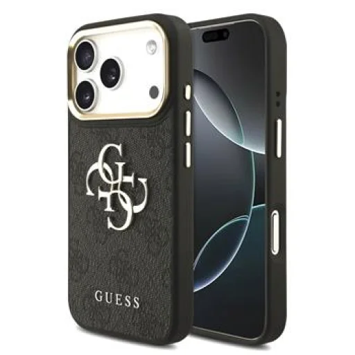 iPhone 18 Pro čierne Guess PU kožené puzdro so 4G kovovým logom a zlatým rámom - 1