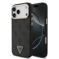 Čierny Guess PU koženkový 4G štrasový kryt s trojuholníkovým logom a zlatým rámom pre iPhone 18 Pro Max MagSafe