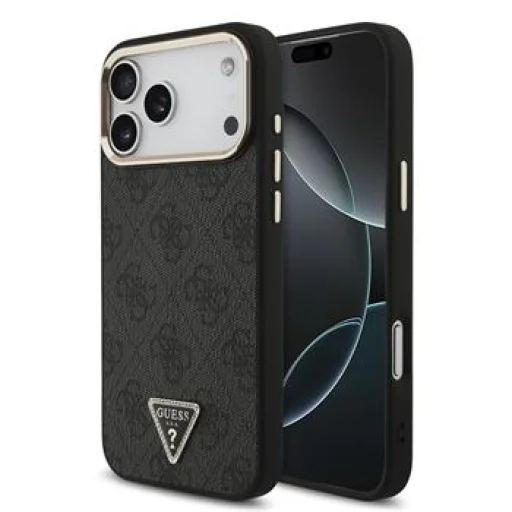 Čierny Guess PU koženkový 4G štrasový kryt s trojuholníkovým logom a zlatým rámom pre iPhone 18 Pro Max MagSafe - 1