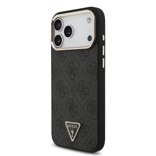 Čierny Guess PU koženkový 4G štrasový kryt s trojuholníkovým logom a zlatým rámom pre iPhone 18 Pro Max MagSafe - 2