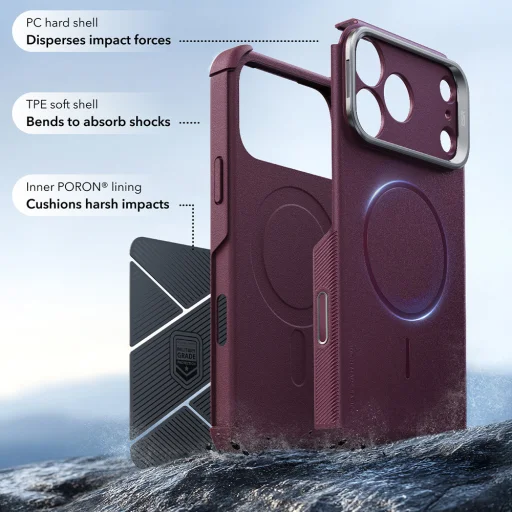 iPhone 18 Pro / iPhone 17 Pro matný tmavo bordový ESR Cyber Armor ochranný kryt so stojanom - 4