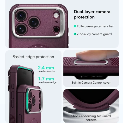 iPhone 18 Pro / iPhone 17 Pro matný tmavo bordový ESR Cyber Armor ochranný kryt so stojanom - 7