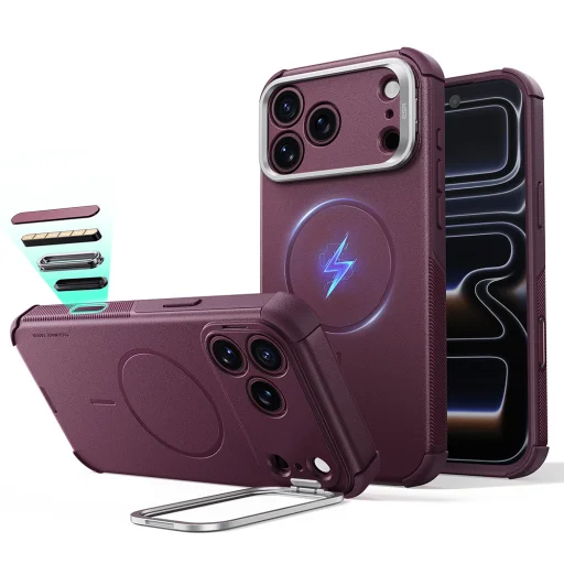 iPhone 18 Pro / iPhone 17 Pro matný tmavo bordový ESR Cyber Armor ochranný kryt so stojanom - 1