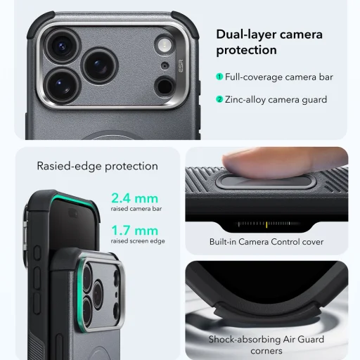 Sivé puzdro ESR Cyber Armor so stojančekom pre iPhone 18 Pro / iPhone 17 Pro - 7