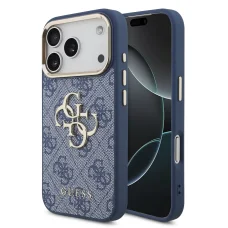 iPhone 18 Pro modré puzdro Guess 4G Metal Logo so zlatým rámom z PU umelej kože